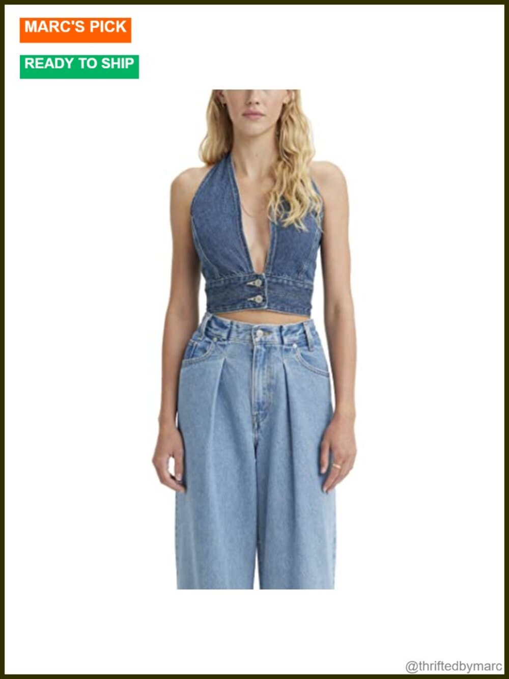 Denim Halter Top with Button Closure and Smocked Elastic Back